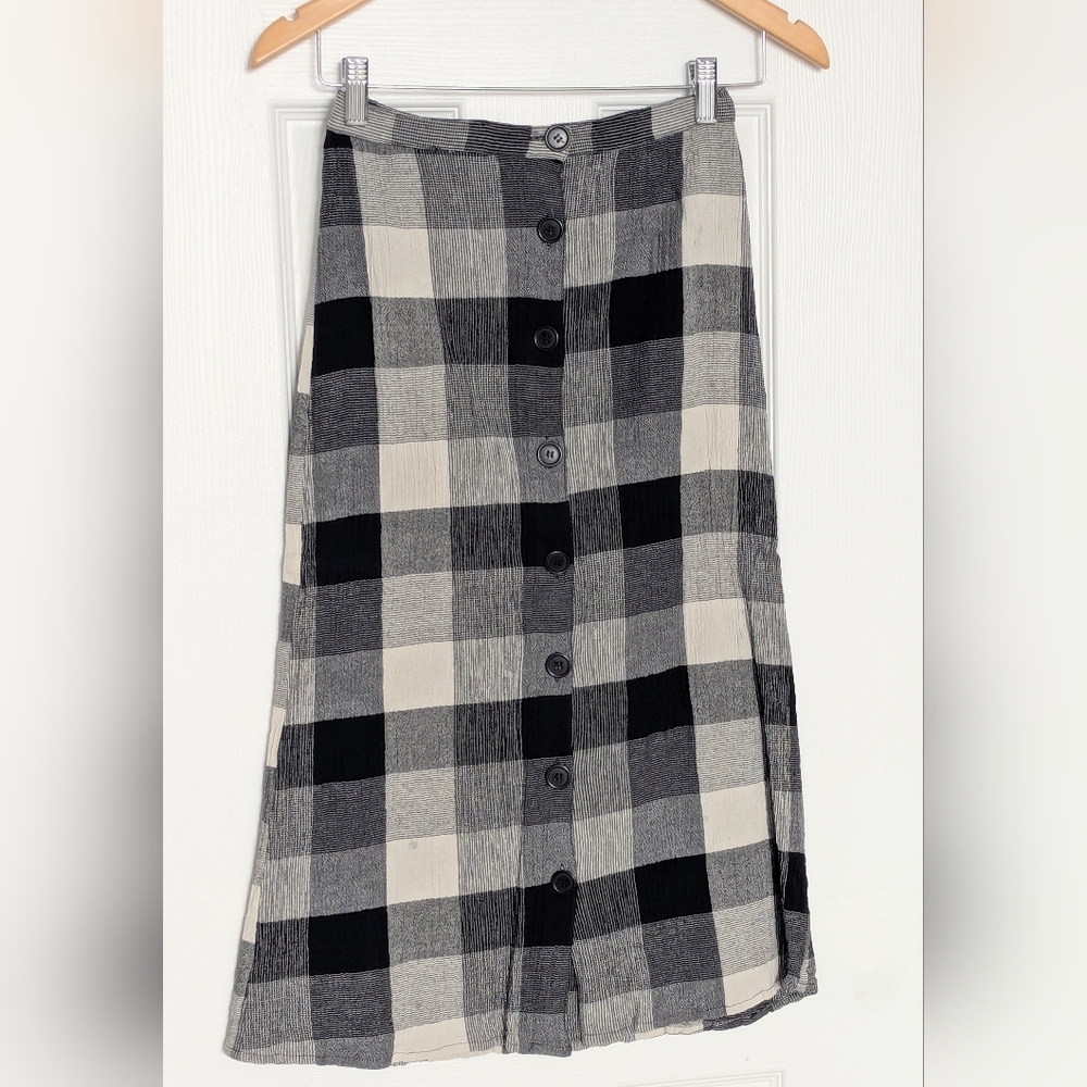 Angie Women's (Small) Black & Cream Checkered/Plaid Button-Down Front Midi Skirt